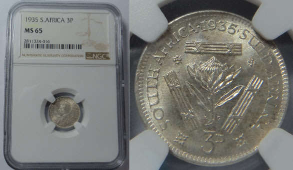 Union of South Africa: Three Pence (3d) of 1935: NGC graded MS 65