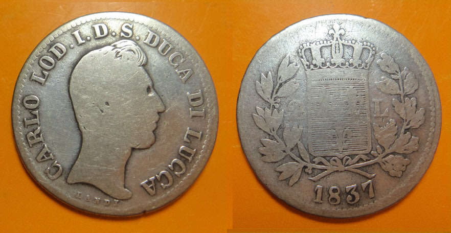 World SILVER Florin-Size Coins: Italian States (Lucca), 2-Lira of 1837 (SCARCE)