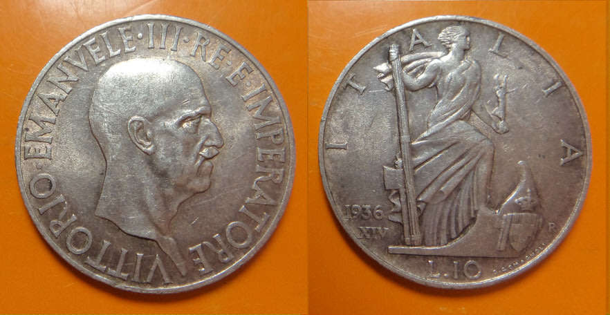 World SILVER Florin-Size Coins: Italy, 10-Lira of 1936