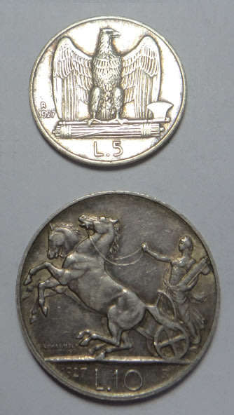 World Silver Coin Sets: Italy (VictorEmmanuel III), 5 & 10 Lira of 1927