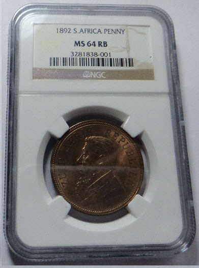 Paul Kruger ZAR : Penny of 1892, NGC graded MS 64 RB