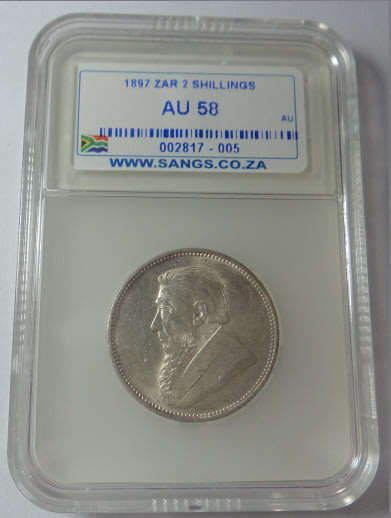 Paul Kruger ZAR : Two Shillings (2/-) of 1897: Sangs graded AU 58