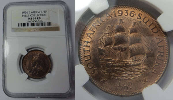 Union of South Africa: Half Penny of 1936: NGC graded MS 64 RB