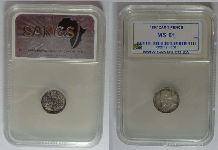 Paul Kruger ZAR : Threepence of 1897: Sangs graded MS 61