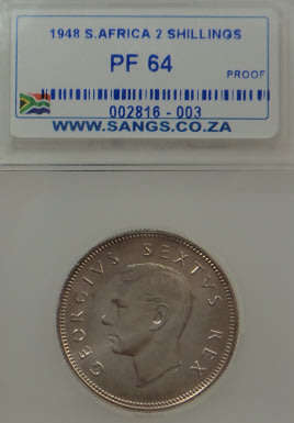 Union of South Africa: Two Shillings (2/-) of 1948: Sangs graded PROOF 64