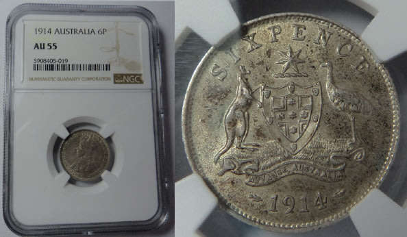 Australia: Sixpence of 1914: NGC graded AU 55