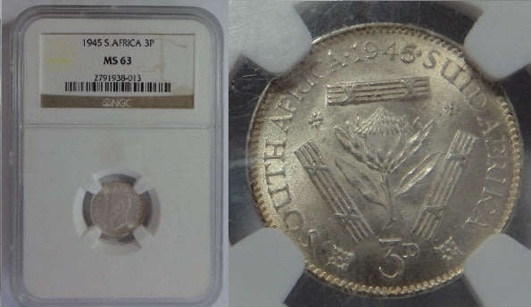 Union of South Africa: Threepence (3d) of 1945: NGC graded MS 63