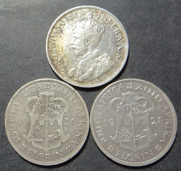 Union of South Africa: Florins (2/-) of 1924, 1926 and 1928