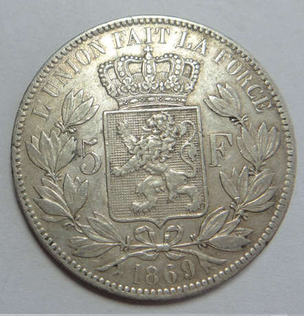 World SILVER CROWN-size Coins: Belgium (King Leopold II) 5-Franc of 1869