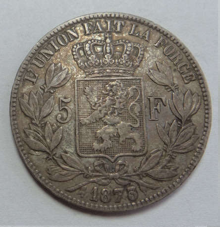 World SILVER CROWN-size Coins: Belgium (King Leopold II) 5-Franc of 1873