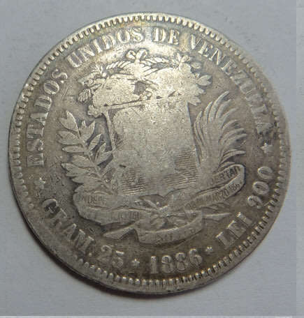 World SILVER CROWN-size Coins: Venezuela,  5-Bolivares of 1886