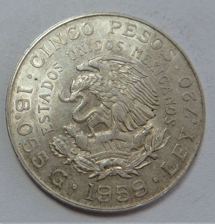 World SILVER CROWN-size Coins: Mexico (Carranza Centennial), 5-Pesos of 1959