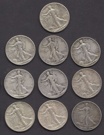 World SILVER lot of Ten Large Coins: USA: Walking Liberty Half Dollar