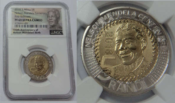 Republic of South Africa: R5 of 2018 (Mandela Centenary): NGC graded PF69 Ultra Cameo First Releases