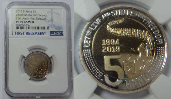 Republic of South Africa: R5 of 2019 (Democracy 25 Years): NGC graded PF69 Cameo (First Releases)
