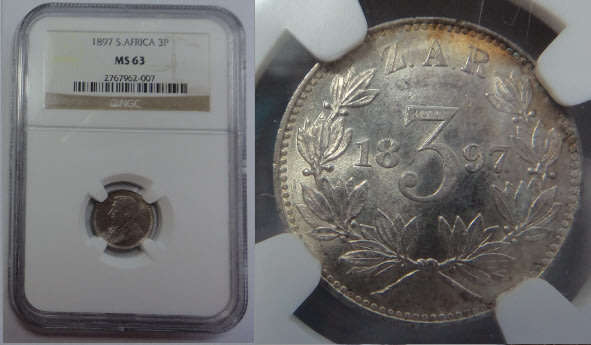 Paul Kruger ZAR: Threepence (3d) of 1897: NGC graded MS 63
