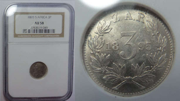 Paul Kruger ZAR: Threepence (3d) of 1895: NGC graded AU 58