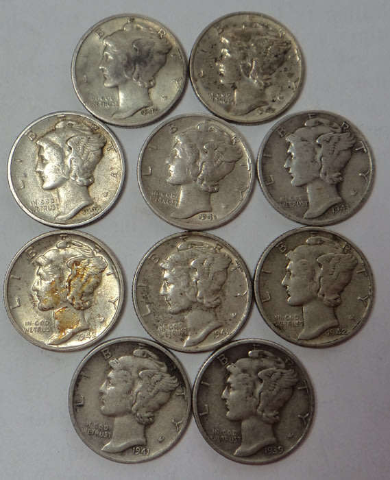 World SILVER Sets: 10 x USA Mercury Dimes struck during Second World War