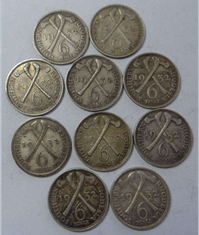 World SILVER Sets: Southern Rhodesia 10 x Sterling Silver Sixpences of George V