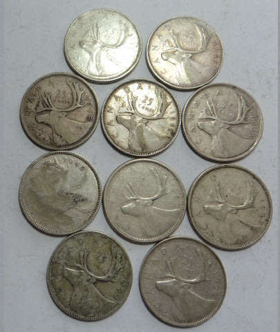 World SILVER Sets: Canada, 10 x 80% Silver Shillings (25c pieces)