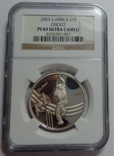 Republic of South Africa: Silver R1 of 2003 (Cricket): NGC graded PF 69 Ultra Cameo