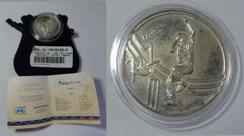 Republic of South Africa: Uncirculated Silver R1 Protea of 2003 (Cricket)