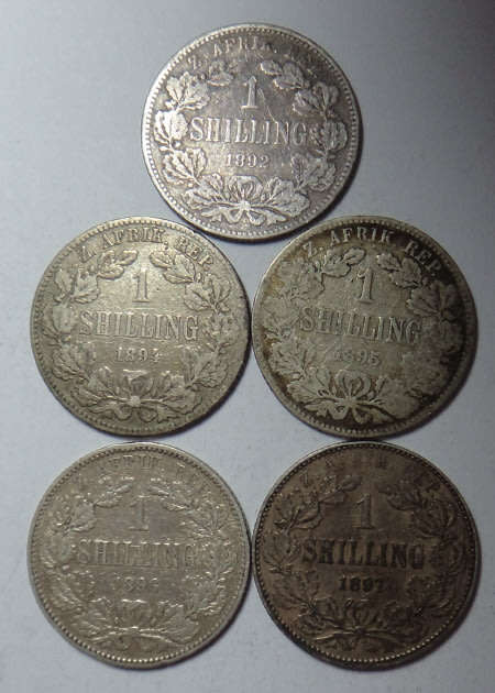 Paul Kruger ZAR: Set of Shillings: 1892, 1894, 1895, 1896 & 1897 (3 Sets available)