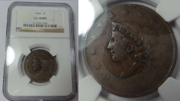 United States of America: Large Cent of 1836: NGC graded VG 10 BN