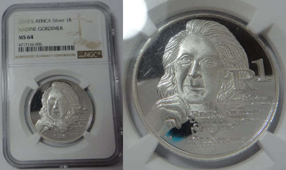 Republic of South Africa: Silver R1 Protea 2010 (Nadine Gordimer): NGC graded MS 64