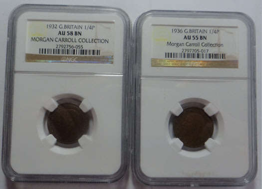 Great Britain Farthing NGC-graded Set: 1932 (AU 58 BN) and 1936 (AU 55 BN)