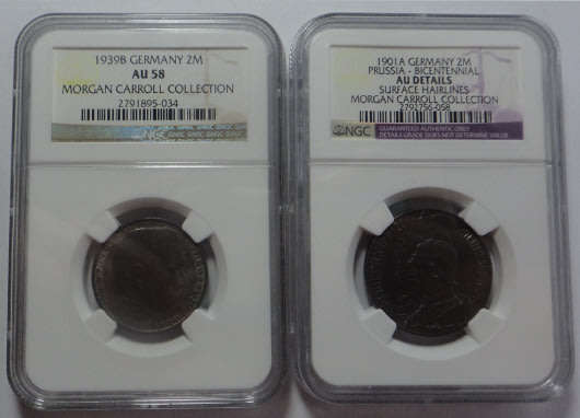 Germany Silver 2-Mark NGC-graded Set: 1901A (AU details) & 1939B (AU 58)