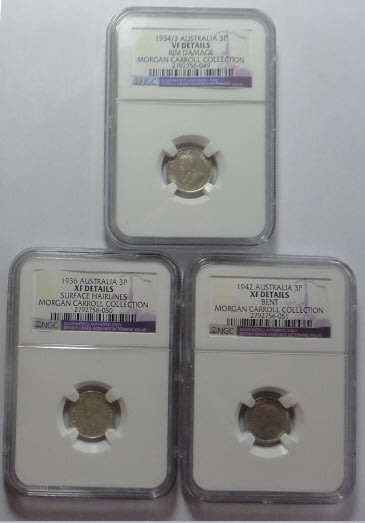 Australia: Silver 3-Pence NGC-graded Set: 1934/3 (VF details) 1936 & 1942 (XF Details)