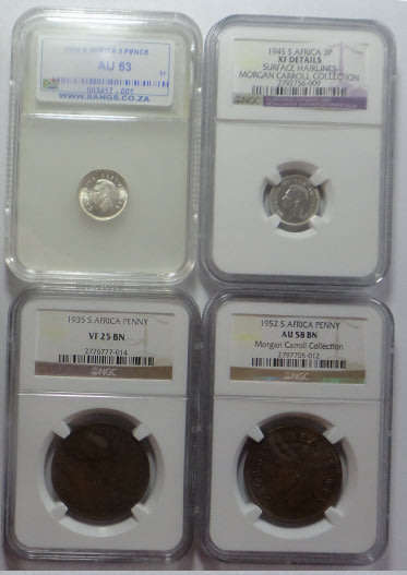 SA 1d NGC Set (1935 VF 25 & 1952 AU 58) & 3d Set (1945 NGC XF Det. & 1950 Sangs AU53)