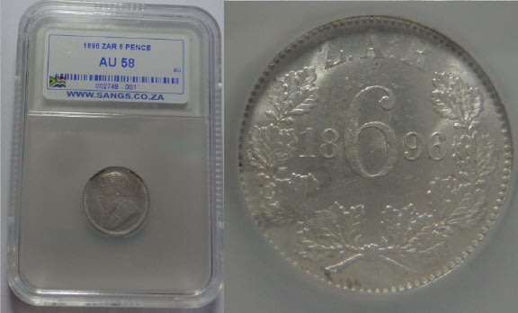 Paul Kruger ZAR: Sixpence (6d) of 1896: Sangs graded AU 58