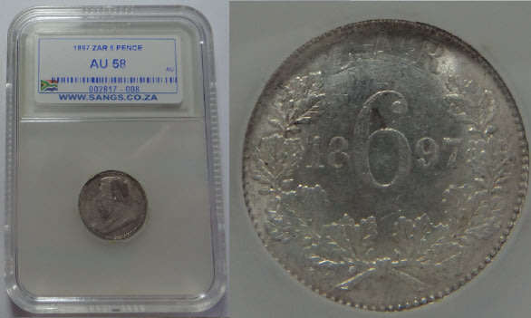 Paul Kruger ZAR: Sixpence (6d) of 1897: Sangs graded AU 58