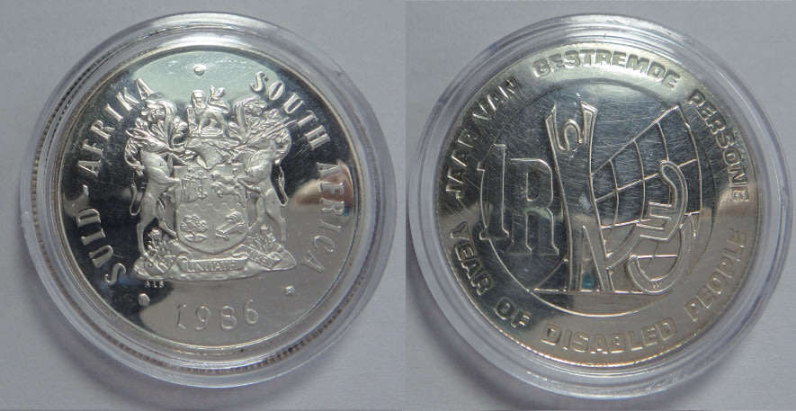 Republic of South Africa: Proof Silver R1 of 1986 (Year of the Disabled)