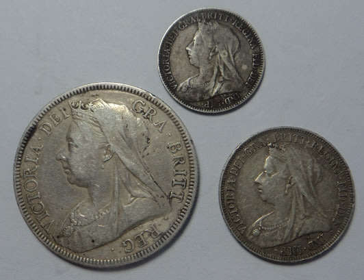 Great Britain: Set of Veiled Head Victorian Silver Coins (Sixpence, Shilling & Half Crown)