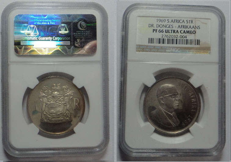 Republic of South Africa: Silver R1 of 1969 (Afrikaans) NGC graded PF 66 Ultra Cameo