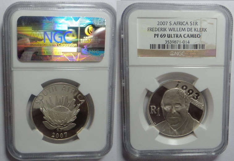 Republic of South Africa: Silver R1 of 2007 (FW de Klerk) NGC graded PF 69 Ultra Cameo