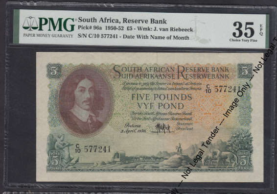 Union of SA:  Five Pounds, 3 April 1950: PMG graded 35 Choice Very Fine