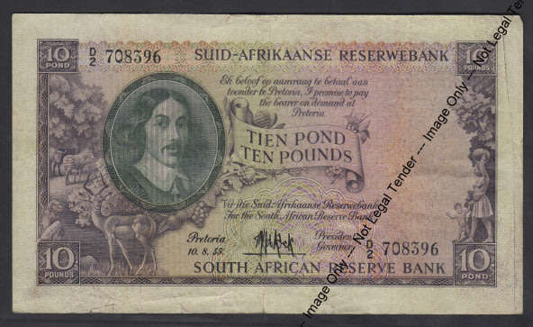 Union of South Africa: D2 Ten Pounds Banknote of 10.8.1955