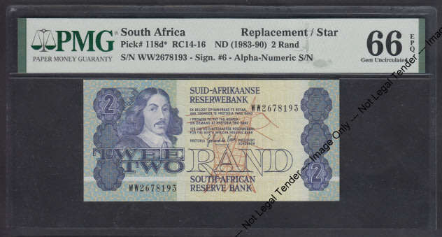 Republic of SA: Two Rand Replacement WW (1983-90) PMG graded 66 Gem Uncirculated