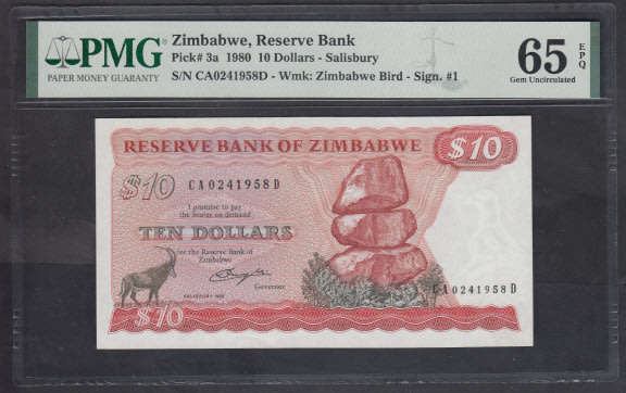 Reserve Bank of Zimbabwe : Ten Dollars of 1980 : PMG graded 65 Gem Uncirculated
