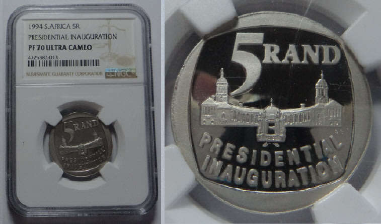 Republic of South Africa: Inauguration R5 of 1994: NGC graded PF70 Ultra Cameo