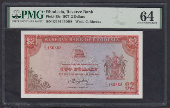 Rhodesia 2 Dollars 5 August 1977 (PMG 64 Choice Uncirculated)