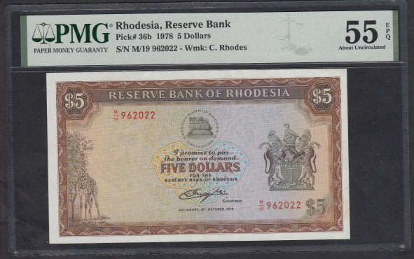 Rhodesia 5 Dollars 20 October 1978 (PMG 55 About Uncirculated)