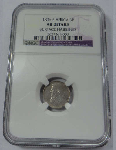Paul Kruger ZAR Threepence of 1896, NGC graded AU Details