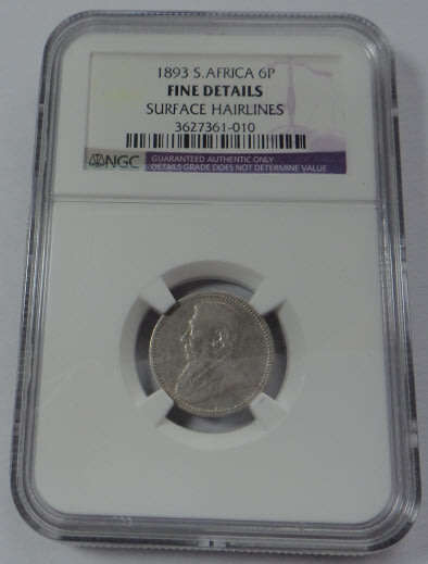 Paul Kruger ZAR Sixpence of 1893, NGC graded Fine Details