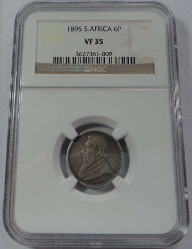 Paul Kruger ZAR Sixpence of 1895, NGC graded VF 35