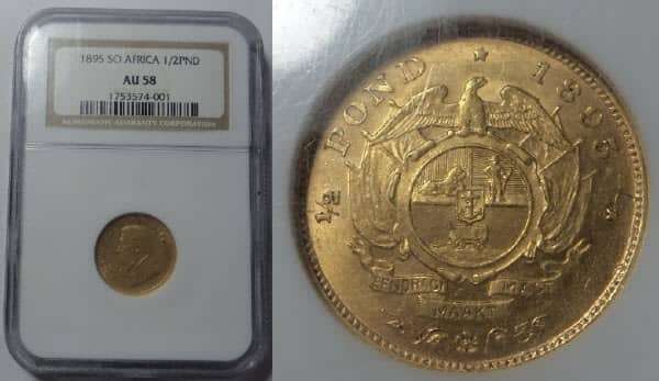 Paul Kruger ZAR, GOLD Half Pond of 1895, NGC graded AU 58